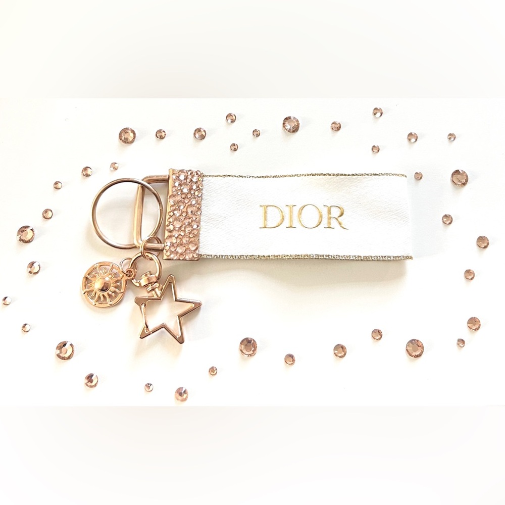 Rhinestone Bling Dior Keychain Ribbon Gold White Bag Star Sun Cross Charm Keyfob